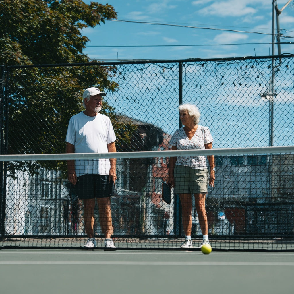 Senior man and woman standing on a pickleball court near the net on a sunny day.