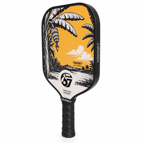 TOCO67 Play Series pickleball paddle with tropical palm tree design and 16mm core.