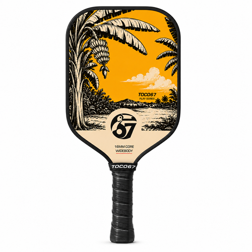 TOCO67 Play Series pickleball paddle with tropical banana tree and sunset landscape design.