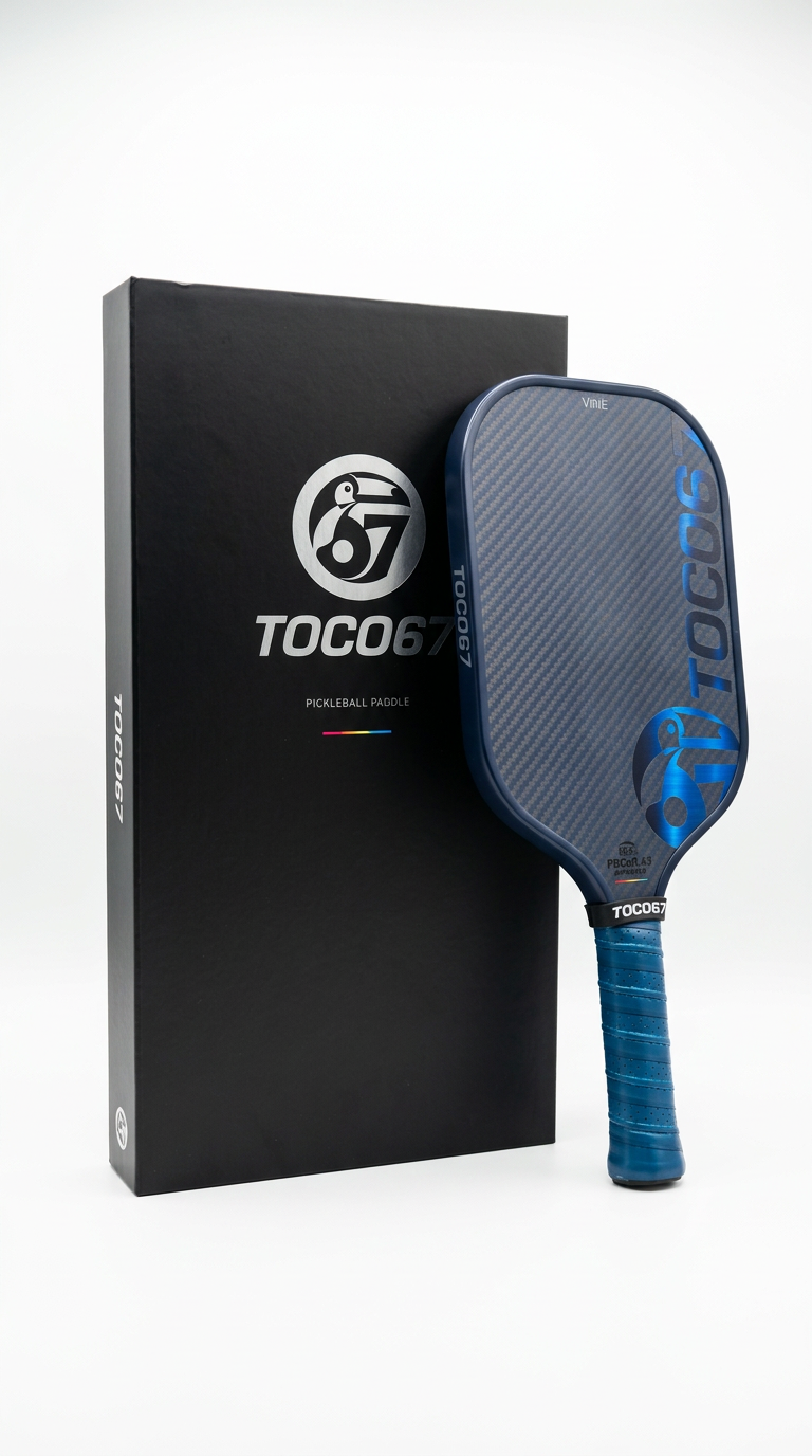 TOCO67 blue carbon fiber pickleball paddle with premium packaging box.