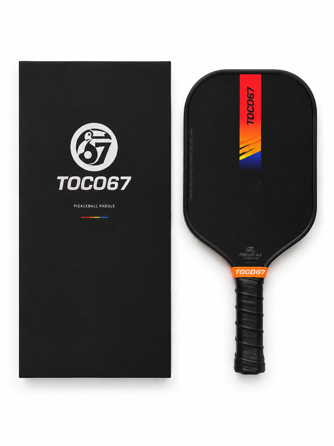 TOCO67 black carbon fiber pickleball paddle with colorful graphic design and matching box.