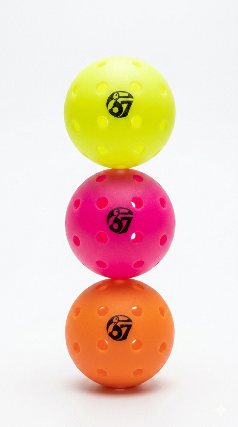 Stack of three colorful pickleball balls in yellow, pink, and orange on a white background.