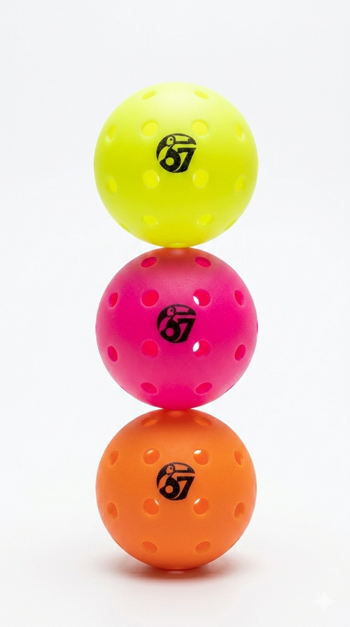 Stack of three colorful pickleball balls in yellow, pink, and orange on a white background.