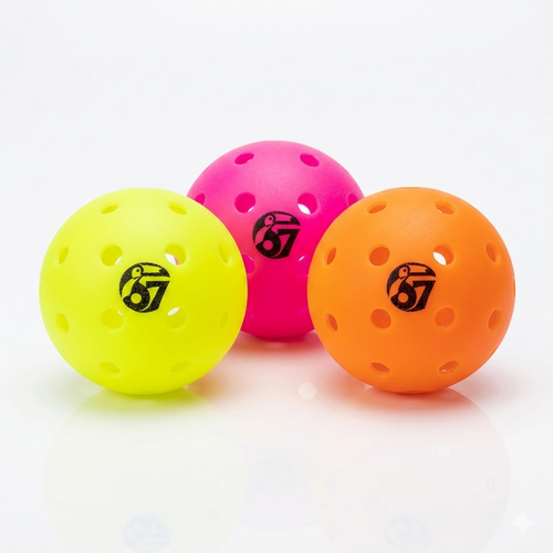 Three colorful perforated pickleballs in neon yellow, pink, and orange with 67 logo