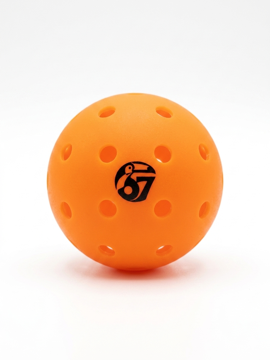 Orange perforated pickleball with 67 logo on a white background