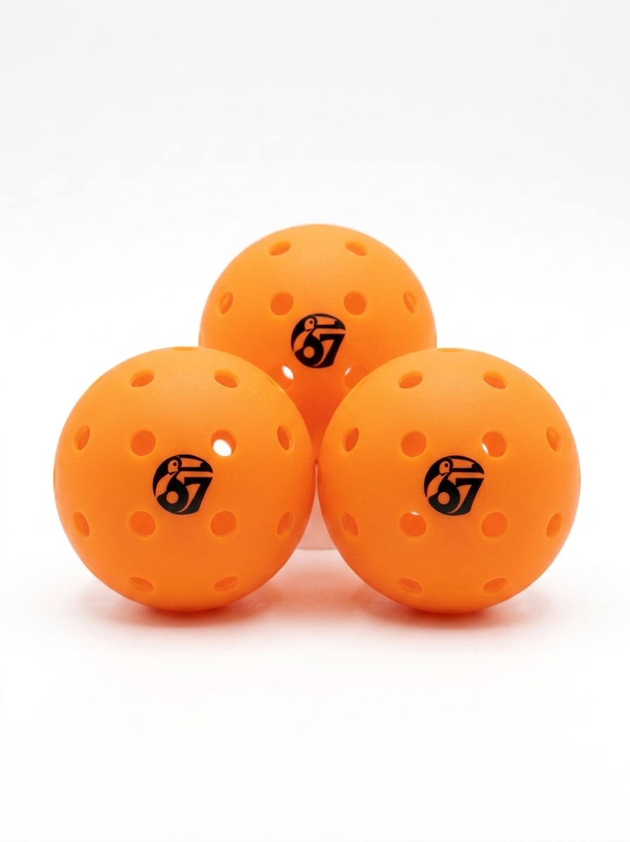 Three orange pickleballs with the 67 logo on a white background