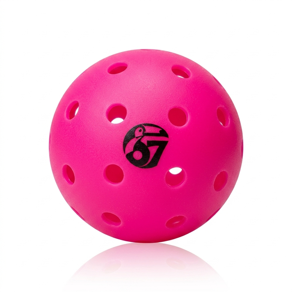 Bright pink perforated pickleball with black 67 logo on a white background
