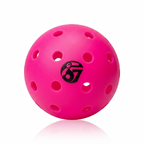 Bright pink perforated pickleball with black 67 logo on a white background