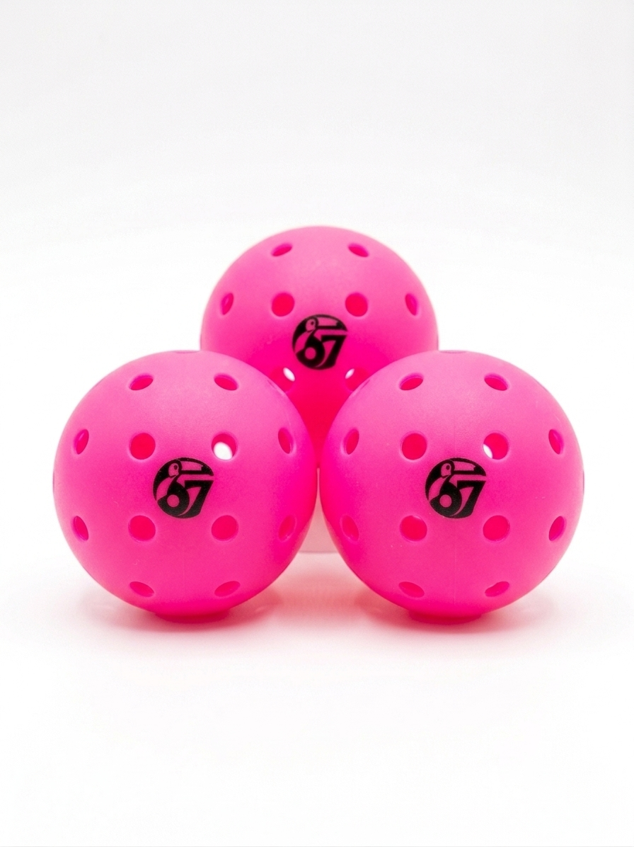 Three bright pink perforated pickleball balls with black logos on a white background.