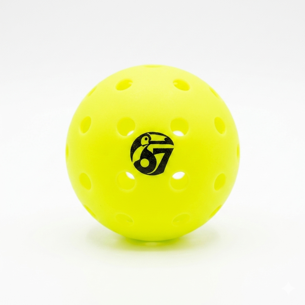 Neon yellow perforated pickleball with a black 67 logo on a white background.