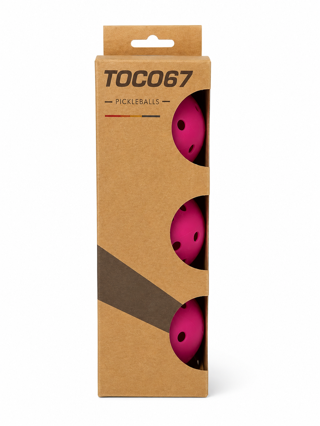 TOCO67 three-pack of bright pink pickleballs in a cardboard display box.