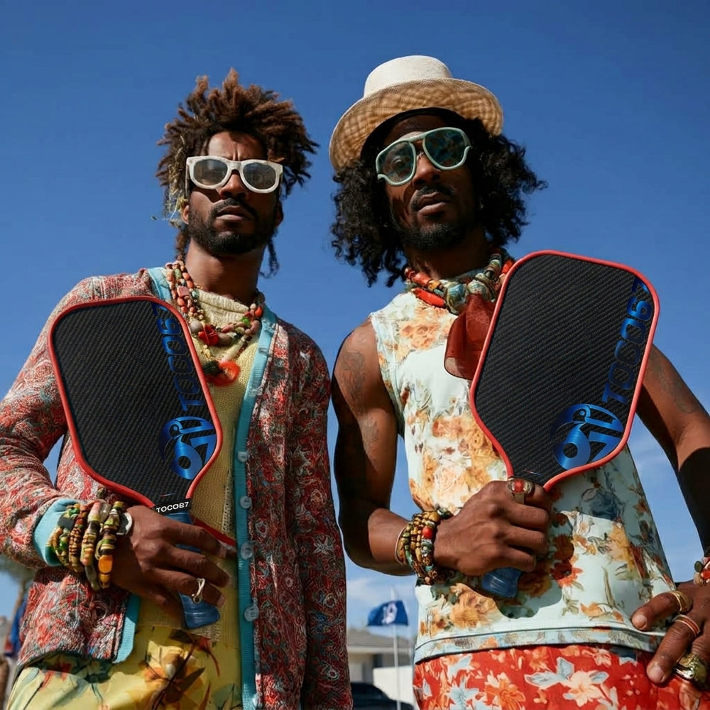 Two stylish men in eclectic outfits holding professional pickleball paddles against a blue sky.