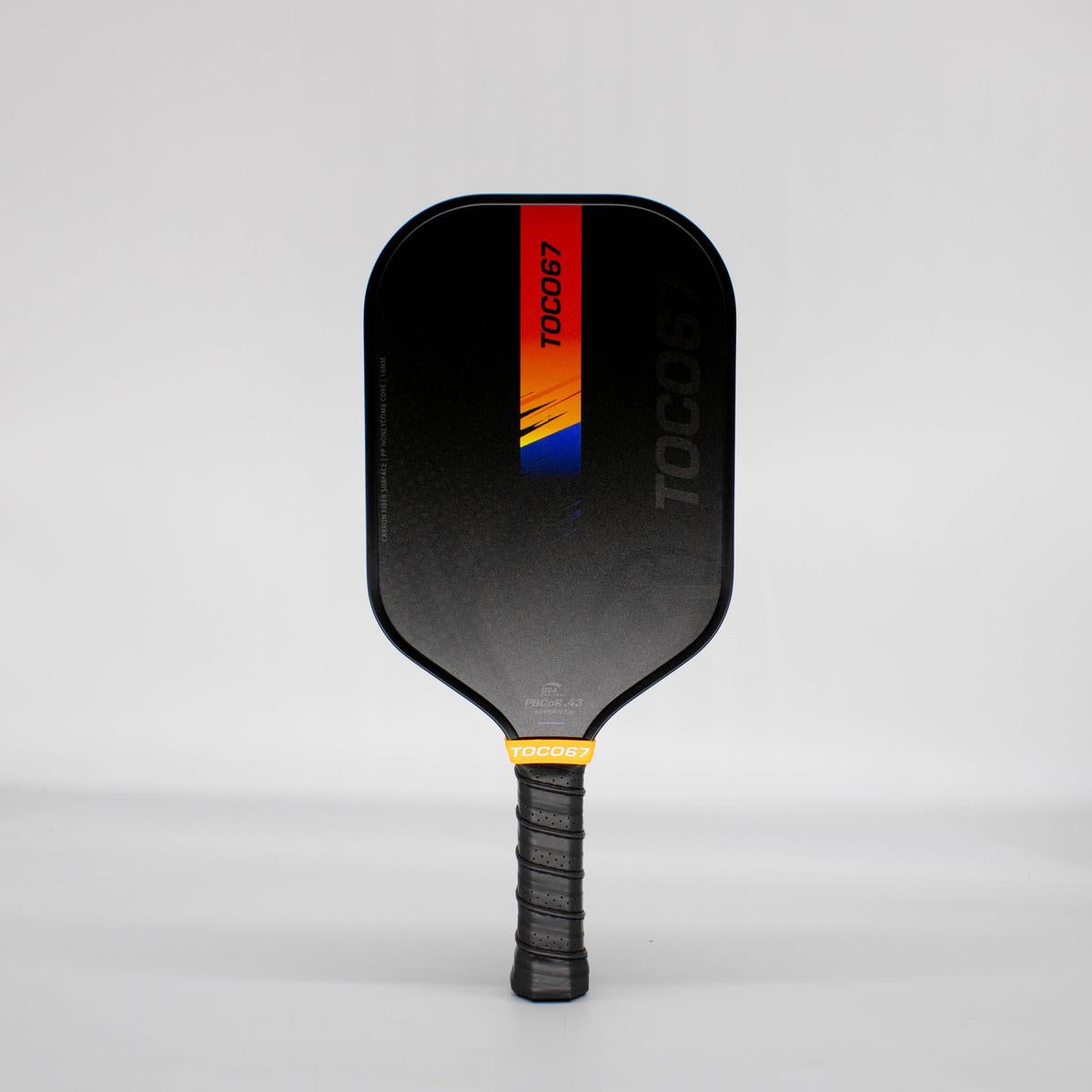 TOCO67 Nightfall Performance Pickleball Paddle in black with colorful logo accents.