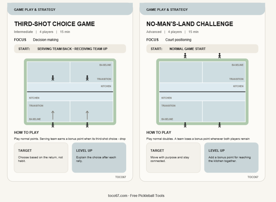Pickleball drill diagrams for Third-Shot Choice and No-Man's-Land strategy games.