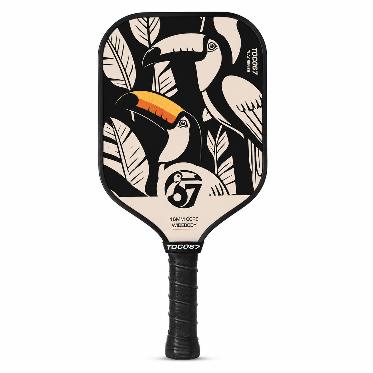 TOCO67 Play Series pickleball paddle featuring a black and white toucan tropical pattern.